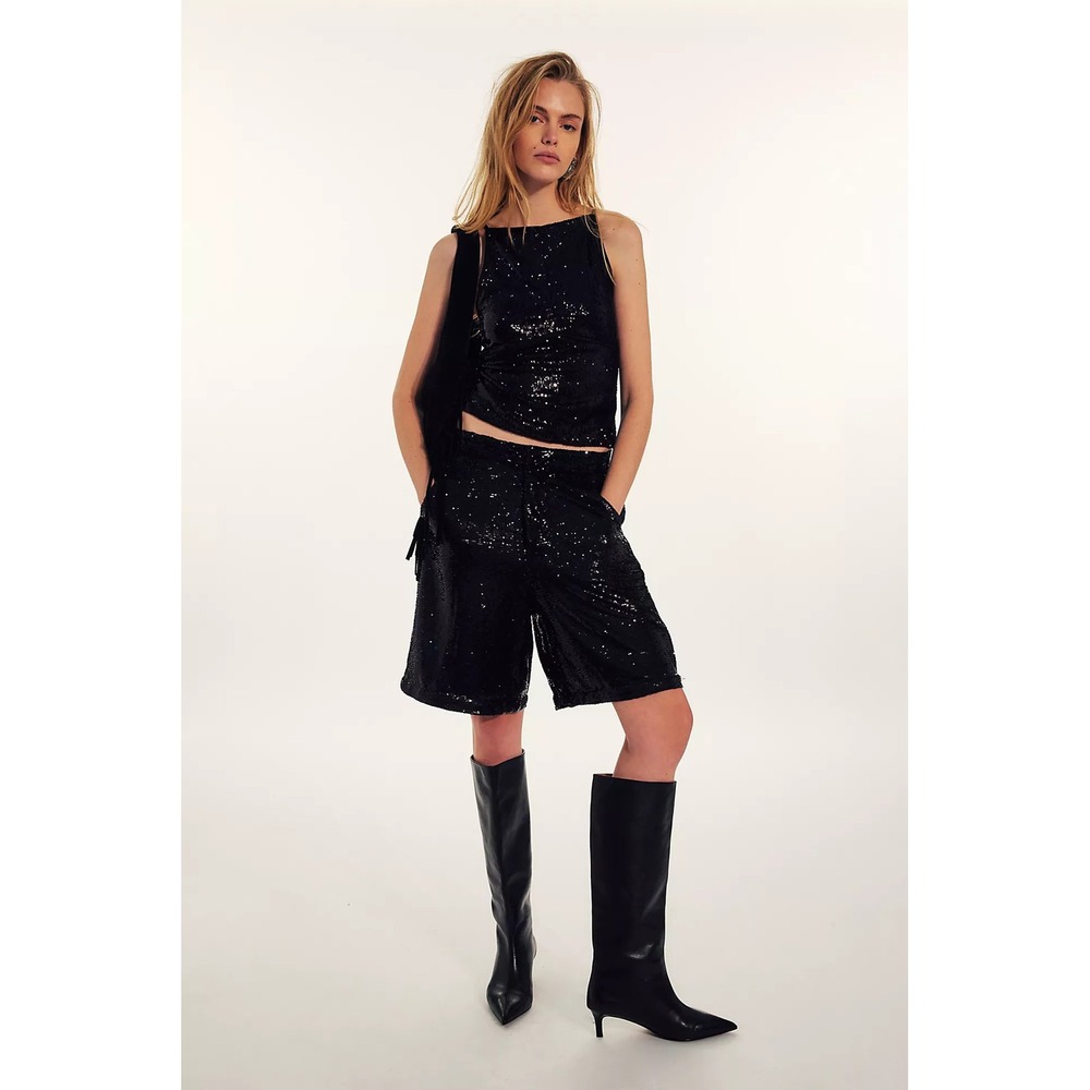 Free People Eclipse Sequin Bermuda Shorts High Waisted in Black Size XL